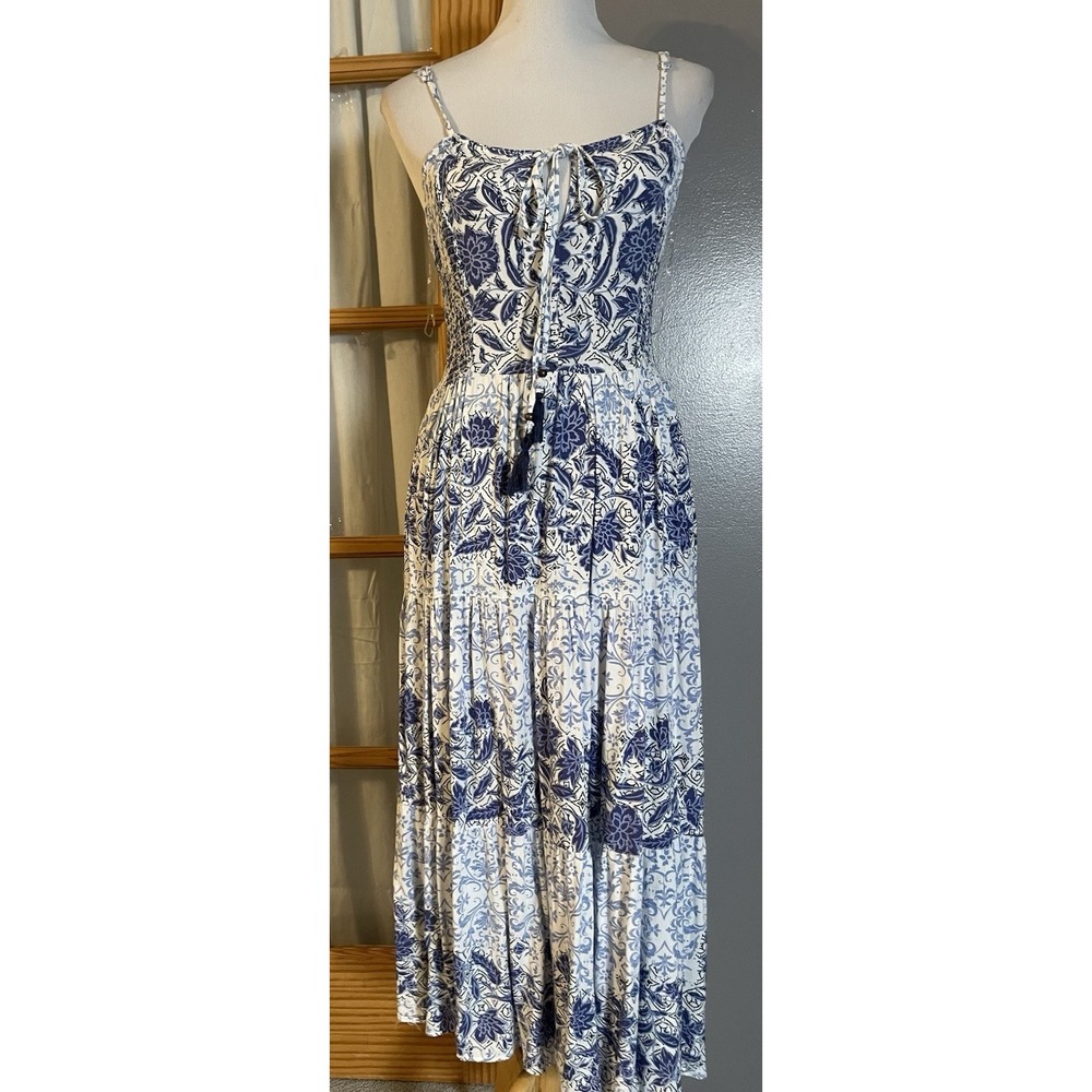 Vtg 90s Angie Tiered Floral Maxi Dress Sz L Blue Smocked Bodice Boho Beach